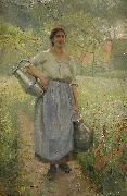 Elisabeth Keyser Fransk bondflicka med mjokspannar France oil painting artist